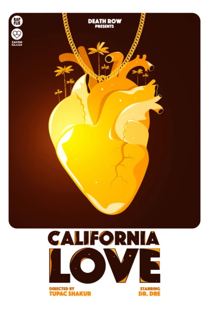 Illustration for 'California Love' features a gold human heart pendant with palm trees on a chain, title text, and the Death Row Records logo.