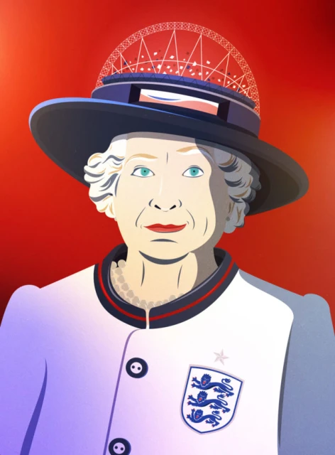 Illustration of Queen Elizabeth II wearing a hat with an England logo and Ferris wheel, set against a red background.