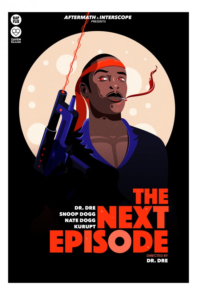 Illustration for The Next Episode featuring an African American man with a headscarf, holding a futuristic gun with the moon behind him.