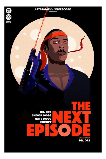 Illustration for The Next Episode featuring an African American man with a headscarf, holding a futuristic gun with the moon behind him.