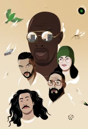 Digital illustration by Zaven Najjar featuring five portraits against a warm beige background with floating objects and birds.
