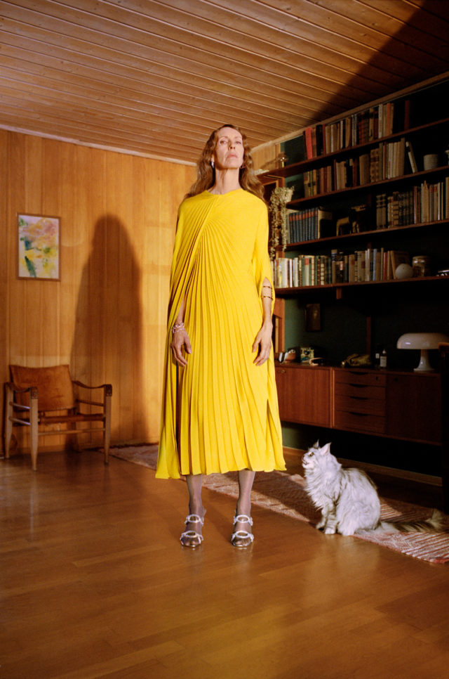 Woman in a long yellow pleated dress stands indoors, with a grey cat on a wooden floor in front of a bookshelf and wood-paneled walls.