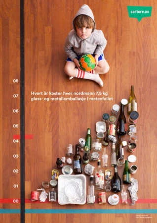 Child sits with a soccer ball, showcasing a chart of recycled glass and metal waste, emphasizing environmental awareness on a wood floor.