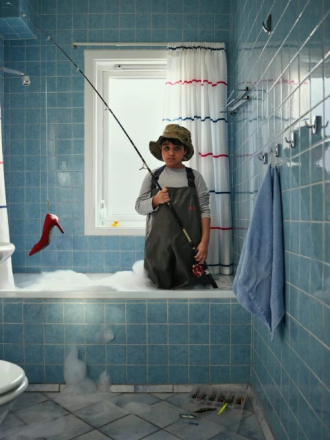 Child in overalls and a bucket hat fishing from a bubble bath with a red high heel hanging from the fishing line in a blue tile bathroom.