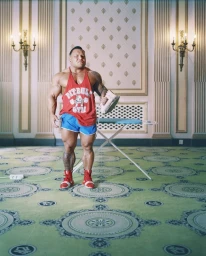 Muscular man wearing a red tank top and blue shorts holding an iron standing in an ornate room photographed by Morten Borgestad