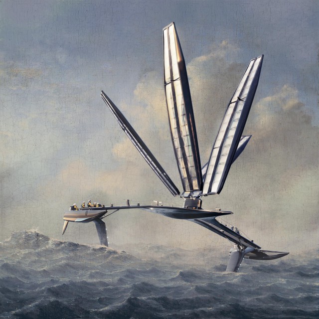 Painting of a hydrofoil sailboat with multiple sails in the ocean under a cloudy sky, showcasing a blend of nautical technology and art.