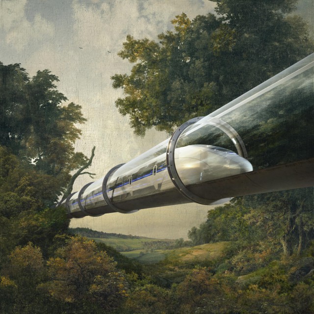 Futuristic passenger train in a glass tube surrounded by lush green trees and a countryside vista in an artful composition.