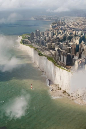 Aerial view of a city on white cliffs by the ocean featuring a lighthouse and cloudy skies above, with a bright, clear, sunny day.