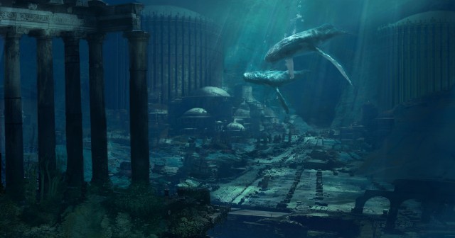 Whales swim over an underwater city with ancient ruins, pillars, and buildings, illuminated by blue light, in a digital art rendering.