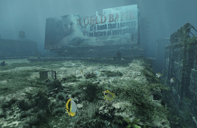 Underwater scene shows a billboard for the World Bank among fish and ruins, creating an eerie juxtaposition of finance and environment.