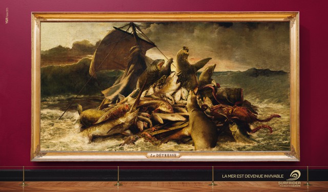 Painting of a ship wreck on a tumultuous ocean, surrounded by seals and marine animals, exhibited in a gallery with burgundy wall.