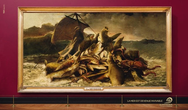 Painting of a ship wreck on a tumultuous ocean, surrounded by seals and marine animals, exhibited in a gallery with burgundy wall.