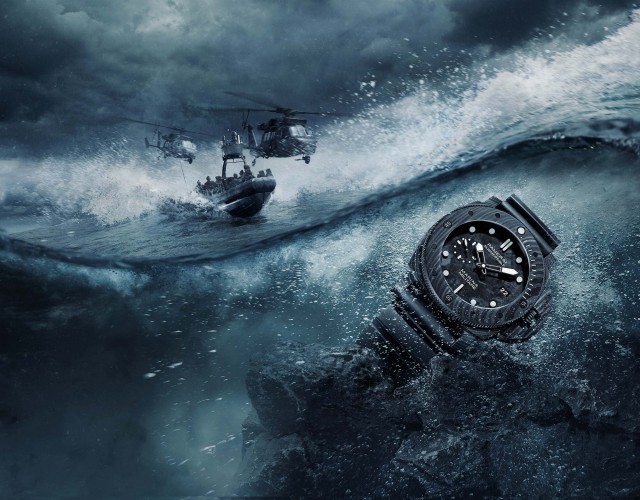 Dramatic product shot of a black wristwatch amid a stormy sea, with a rescue boat and helicopters in the background, showcasing durability.