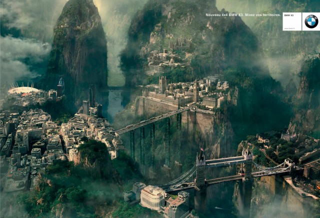 Fantasy landscape with buildings, bridges, mountains, and sky blending reality and digital art in a whimsical composition.
