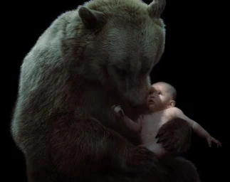 A large brown bear holding a small infant in its paws against a solid black background.