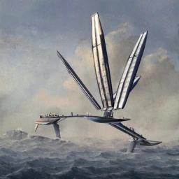 Illustration of a futuristic sailing vessel with large vertical solar-panel sails navigating rough ocean waters.