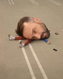 Surreal portrait by Romain Laurent featuring a man with an exaggerated giant head lying on an asphalt parking lot.