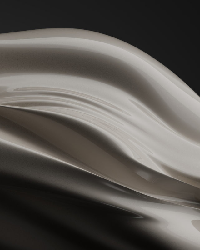 Abstract wavy surface with a shiny, flowing texture in shades of gray, highlighting a smooth and liquid-like appearance against a dark backdrop.