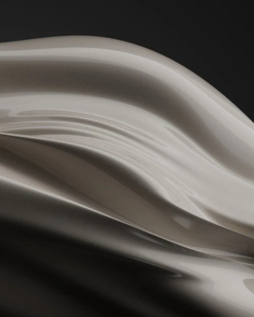 Abstract wavy surface with a shiny, flowing texture in shades of gray, highlighting a smooth and liquid-like appearance against a dark backdrop.