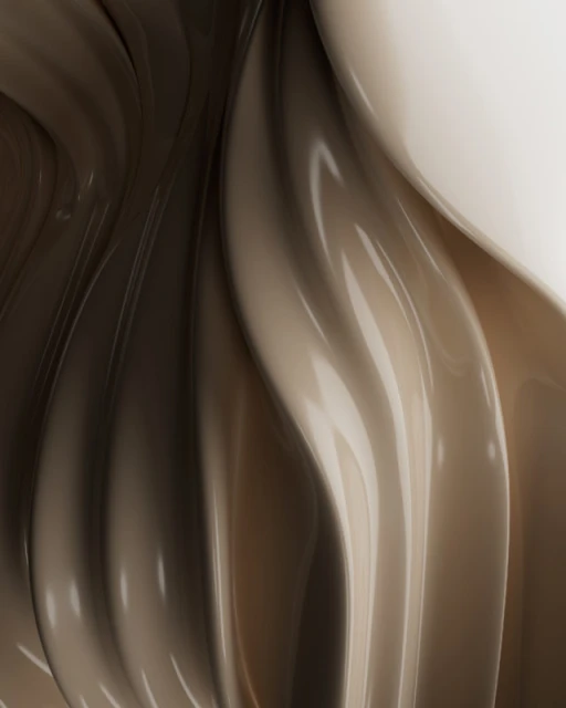 Abstract close-up of swirling, glossy forms in shades of beige and brown, creating a textured, fluid-like appearance, studio shot, high detail.