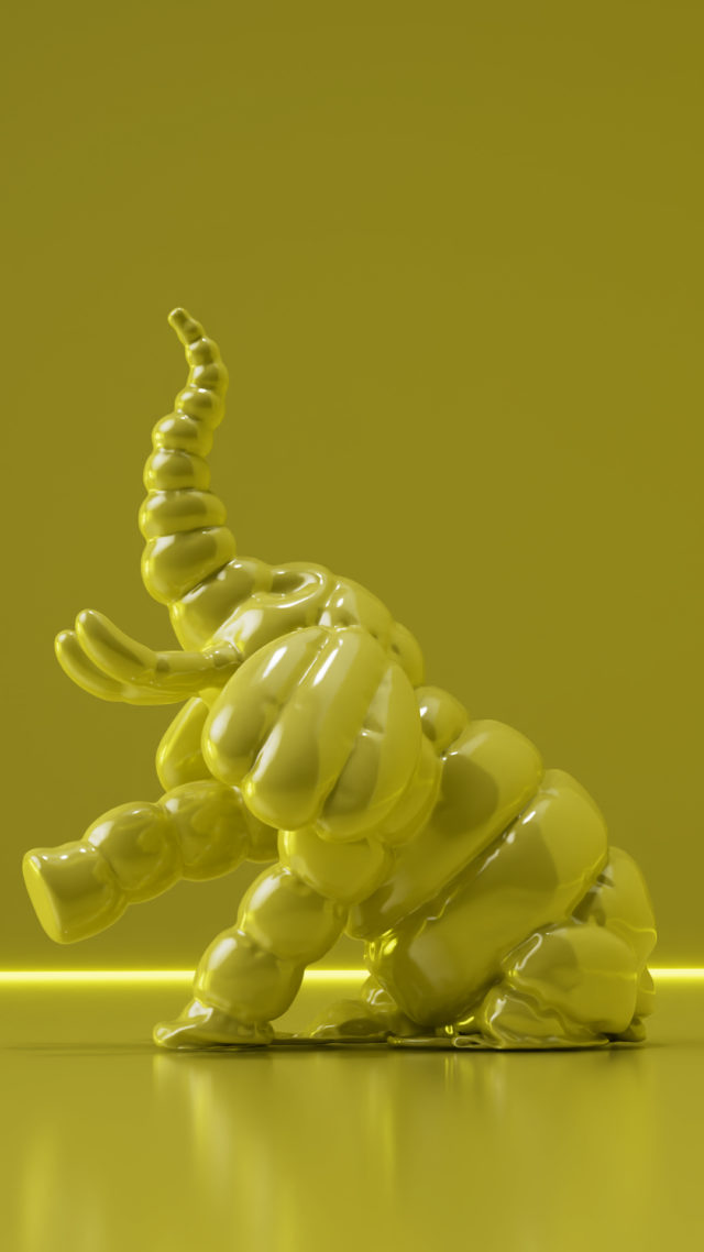 A yellow abstract elephant sculpture is illuminated with studio lighting against a solid background for artistic design and concept work.