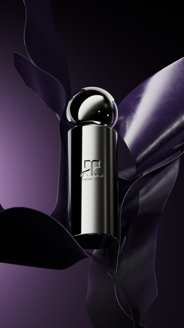 Studio shot of a silver perfume bottle with a round cap, surrounded by dark ribbons against a gradient purple to black background.