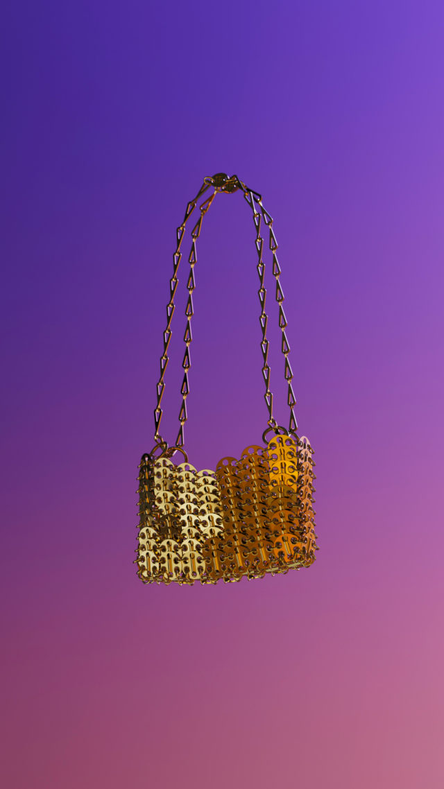 Gold metallic handbag with linked chain straps on gradient purple background for fashion advertising and e-commerce product presentation.