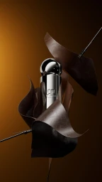 Metallic cylindrical perfume bottle with a chrome sphere cap surrounded by floating curved brown paper sheets against a warm background.