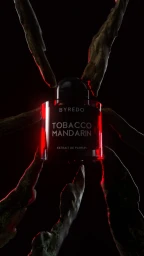 Byredo Tobacco Mandarin perfume bottle surrounded by radiating wooden branch fragments against a dark background.