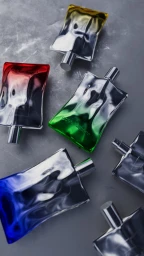 Overhead studio shot of multiple metallic and colorful glass perfume bottles arranged on a textured grey concrete surface.