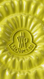 Glossy bright yellow puffer jacket material with a raised Moncler circular logo in the center
