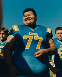 Smiling football player in blue and yellow CUBS jersey number 77 outdoors under a clear blue sky