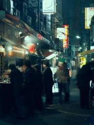 People gathered in a narrow alleyway outside glowing street food stalls at night photographed by Francesco Bittichesu.