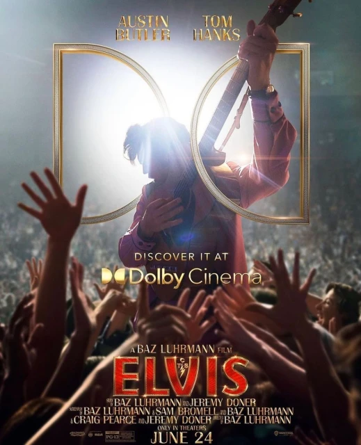 Movie poster for 'Elvis' featuring a backlit silhouette of the performer with a guitar, surrounded by a crowd and framed in gold.