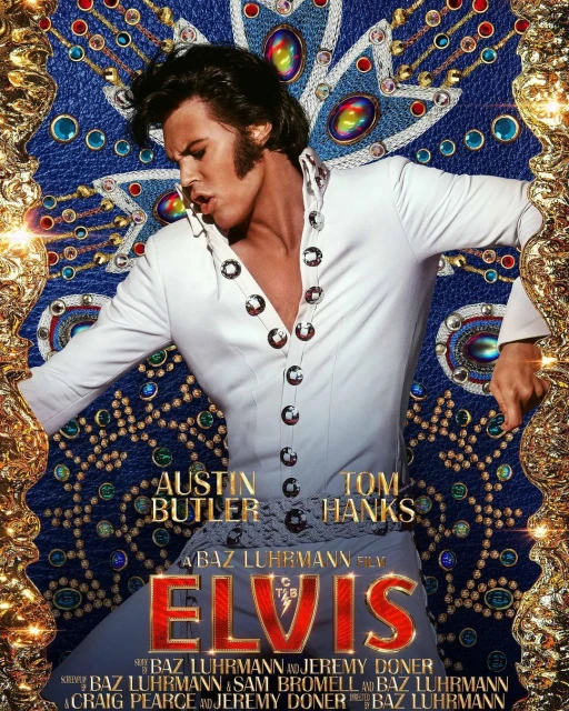 Movie poster for Elvis features Austin Butler in a white jumpsuit against a blue jeweled background with a gold ornate border.