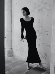 Model in a long black dress standing against a distressed stone wall with an arched pillar in Sydney