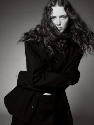 Monochrome portrait of a young woman with long curly hair wearing a dark pinstripe blazer against a grey backdrop