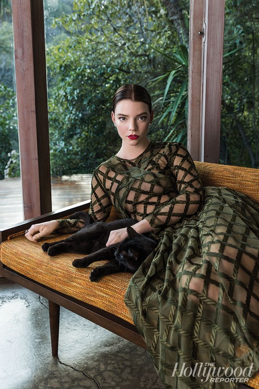 Anya Taylor-Joy in a patterned olive gown relaxes on a mid-century modern bench with two black cats, posing in front of an indoor window.