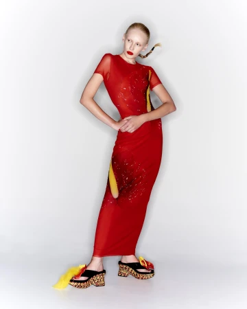 Model wearing a sheer red dress and platform mule shoes against a white backdrop, with bold red lipstick and braided hair.
