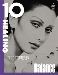 Monochrome close-up portrait of two women with dramatic eye makeup and graphic typography overlay.
