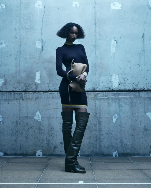 Fashion photo of a woman posing outdoors in a black dress, thigh-high boots, and a beige handbag against a concrete background.
