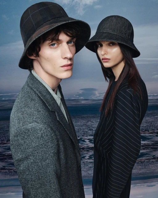 Two fashion models, a man and a woman, stand side-by-side in a photo studio wearing matching hats and tailored clothing, against a scenic backdrop.