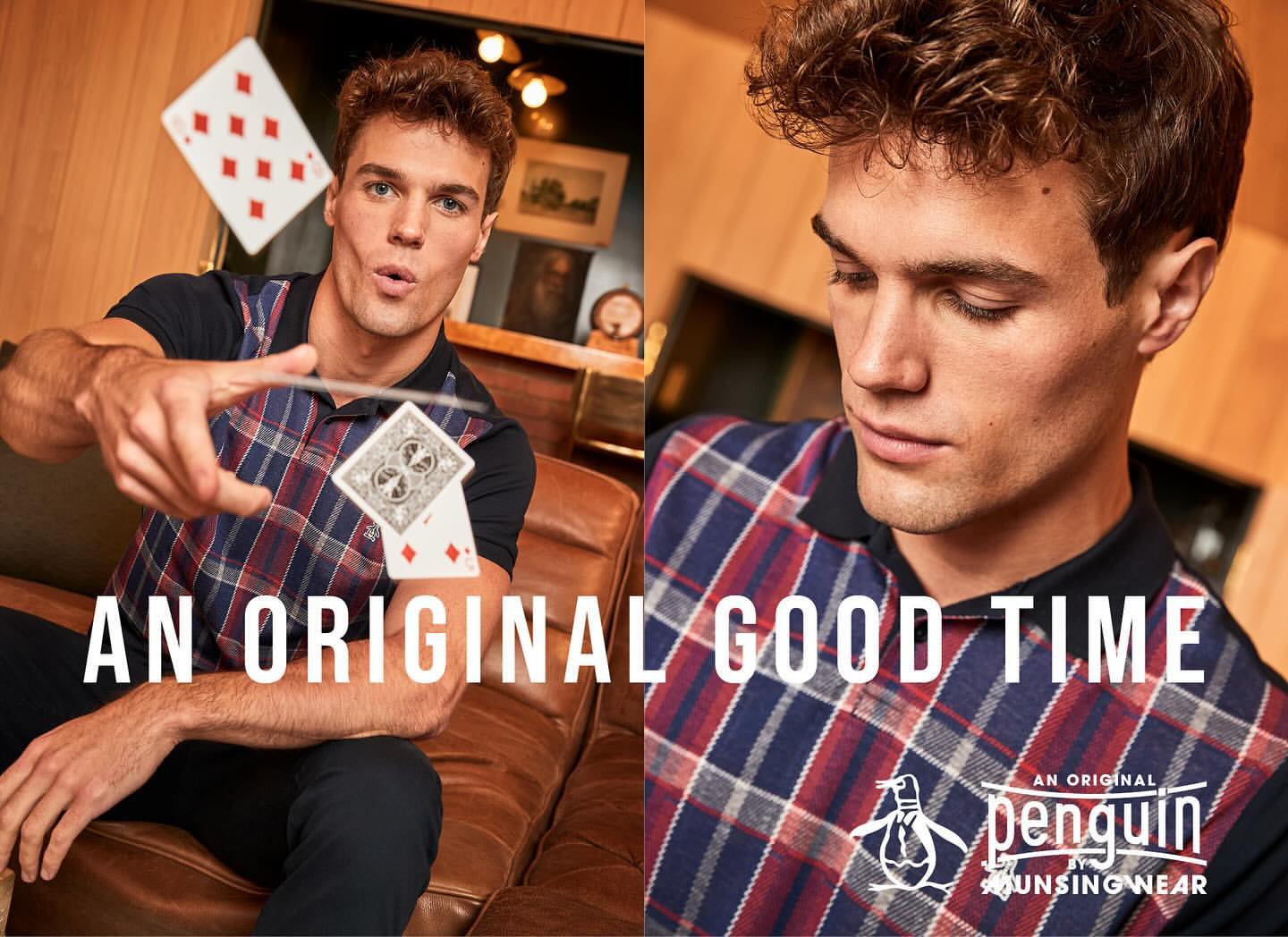 Two split-screen views showcasing a male model in a plaid shirt, holding playing cards, with the Penguin logo and text visible.