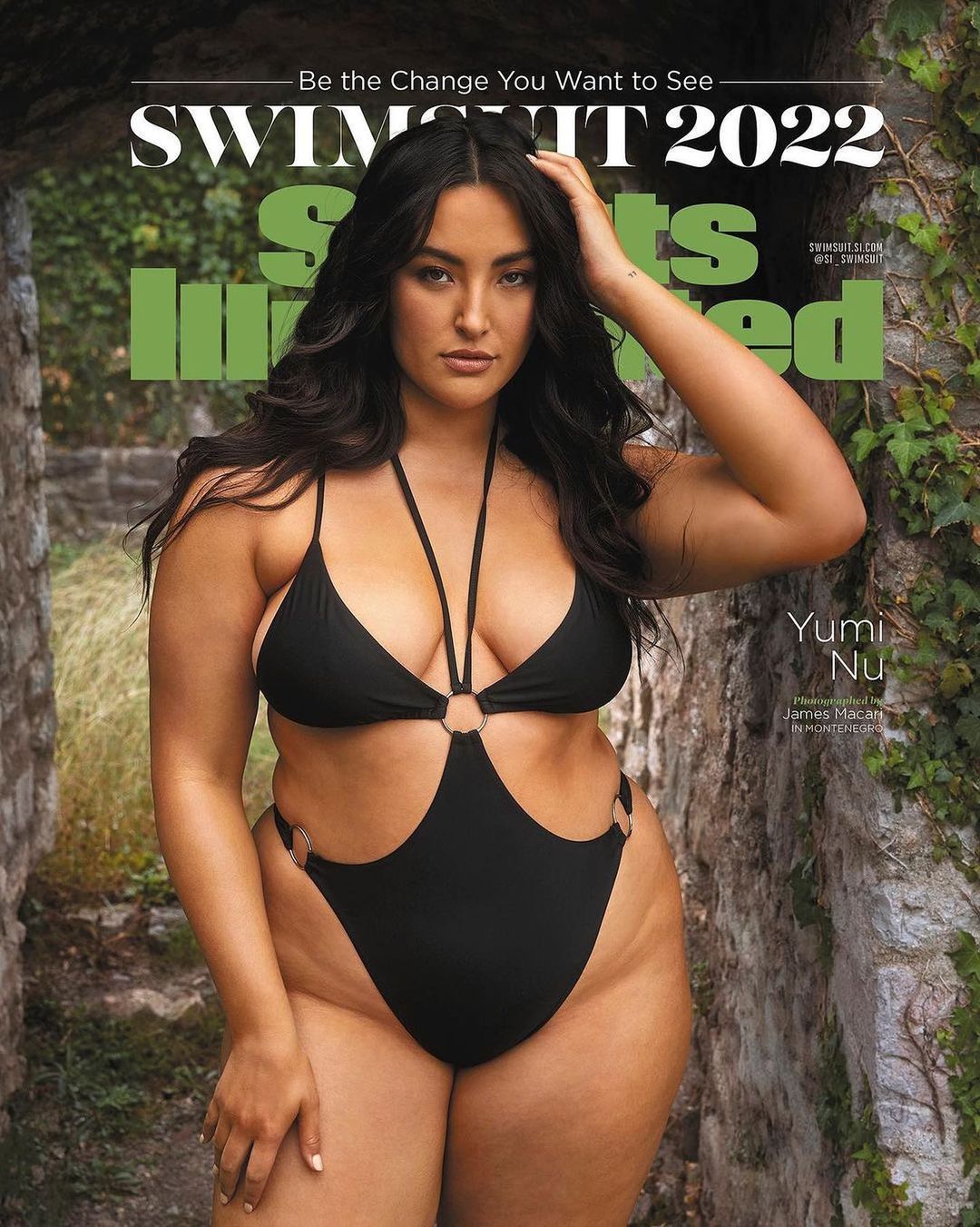 Sports Illustrated Swimsuit 2022 cover featuring Yumi Nu in a black swimsuit, posing in a stone doorway with greenery.