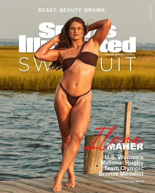 Ilona Maher poses on a wooden dock for a Sports Illustrated Swimsuit cover, wearing a brown bikini, with a marsh background and lake.