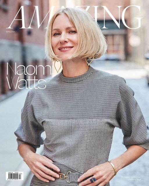 Magazine cover featuring Naomi Watts wearing a houndstooth-patterned dress with gold accessories against an urban backdrop.