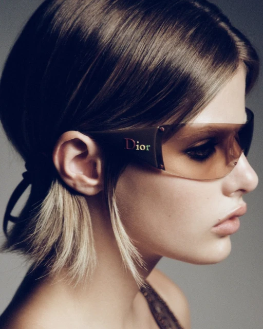 A close-up studio shot captures a model with short brown hair and tinted sunglasses, emphasizing fashion and beauty in a neutral setting.