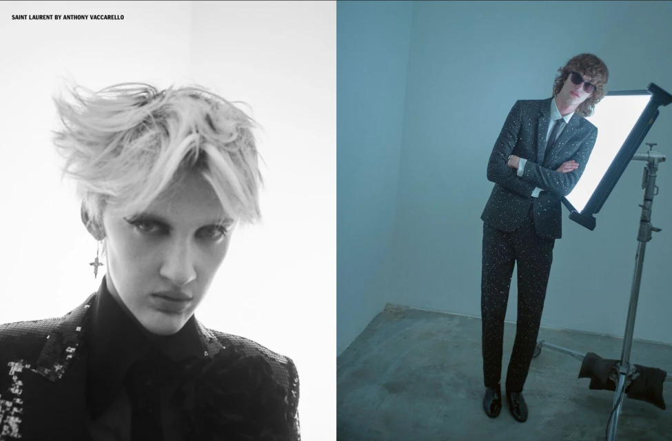 Black-and-white portrait of model with blond hair, cross earring and sequin jacket contrasted with colour shot of male model in suit.