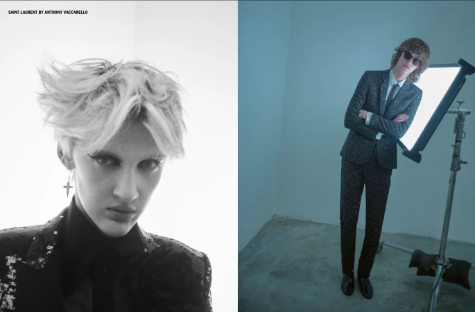 Black-and-white portrait of model with blond hair, cross earring and sequin jacket contrasted with colour shot of male model in suit.