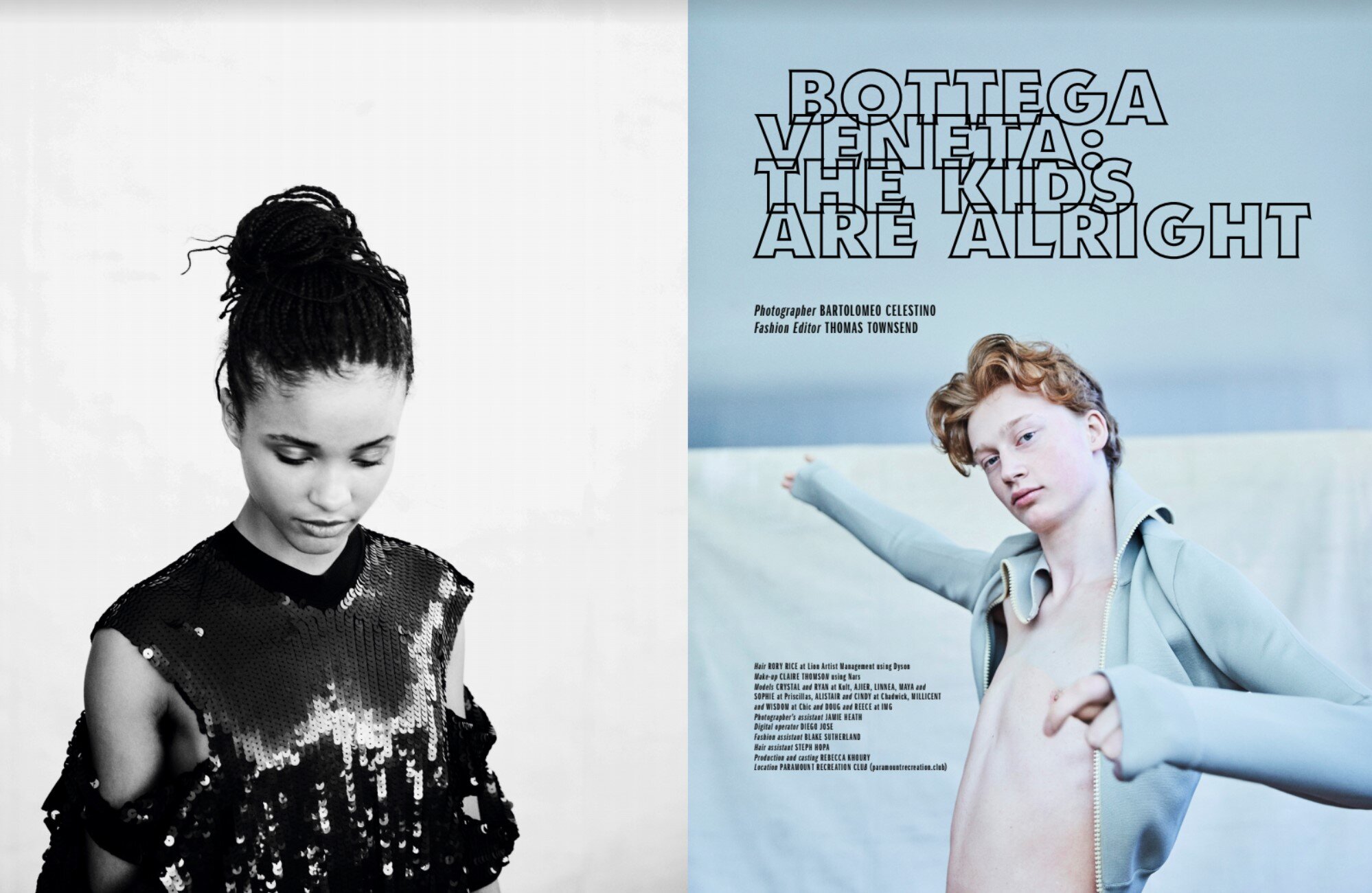 Fashion editorial featuring two young adults, one wearing a sequined top against a white backdrop, the other in athleisure wear.